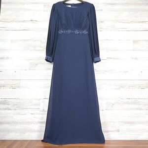 Patra Navy Blue Beaded Pleated Maxi Dress Long Sleeve Chiffon Evening Gown Sz S